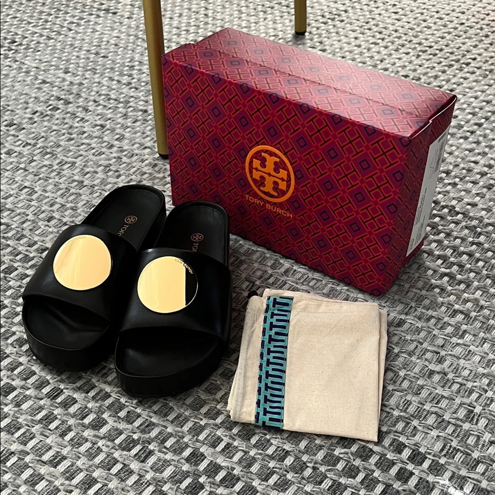 Tory Burch Black Slide Sandals with Gold Medallion Accent